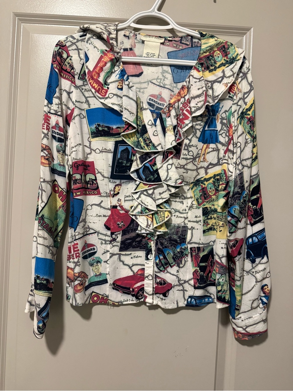 Ruffle Front Button-Down Shirt in White Multi-Color
